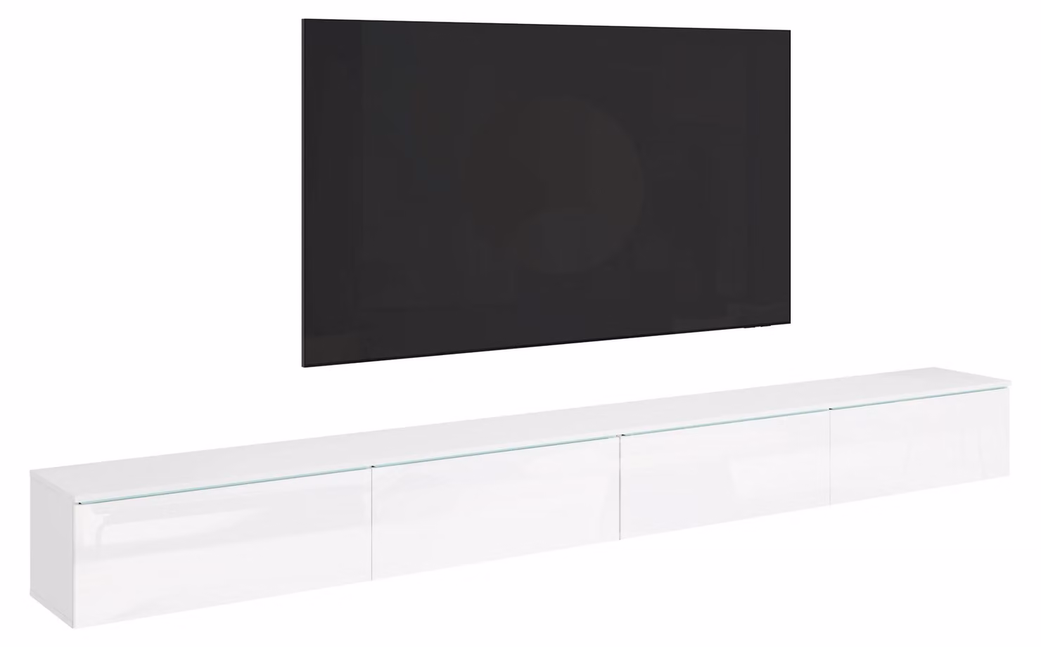 Mobile TV moderno da 300 cm per il soggiorno, con illuminazione, bianco/bianco lucido