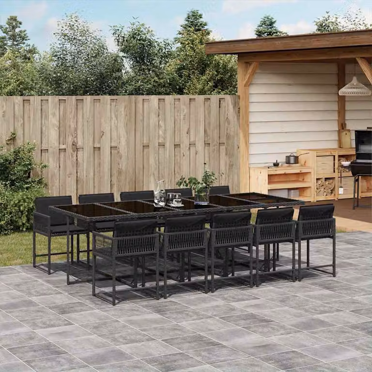 vidaXL Set da Pranzo da Giardino Moderno in Polyrattan Nero con Cuscini e Tavolo in Vetro, 11 pz