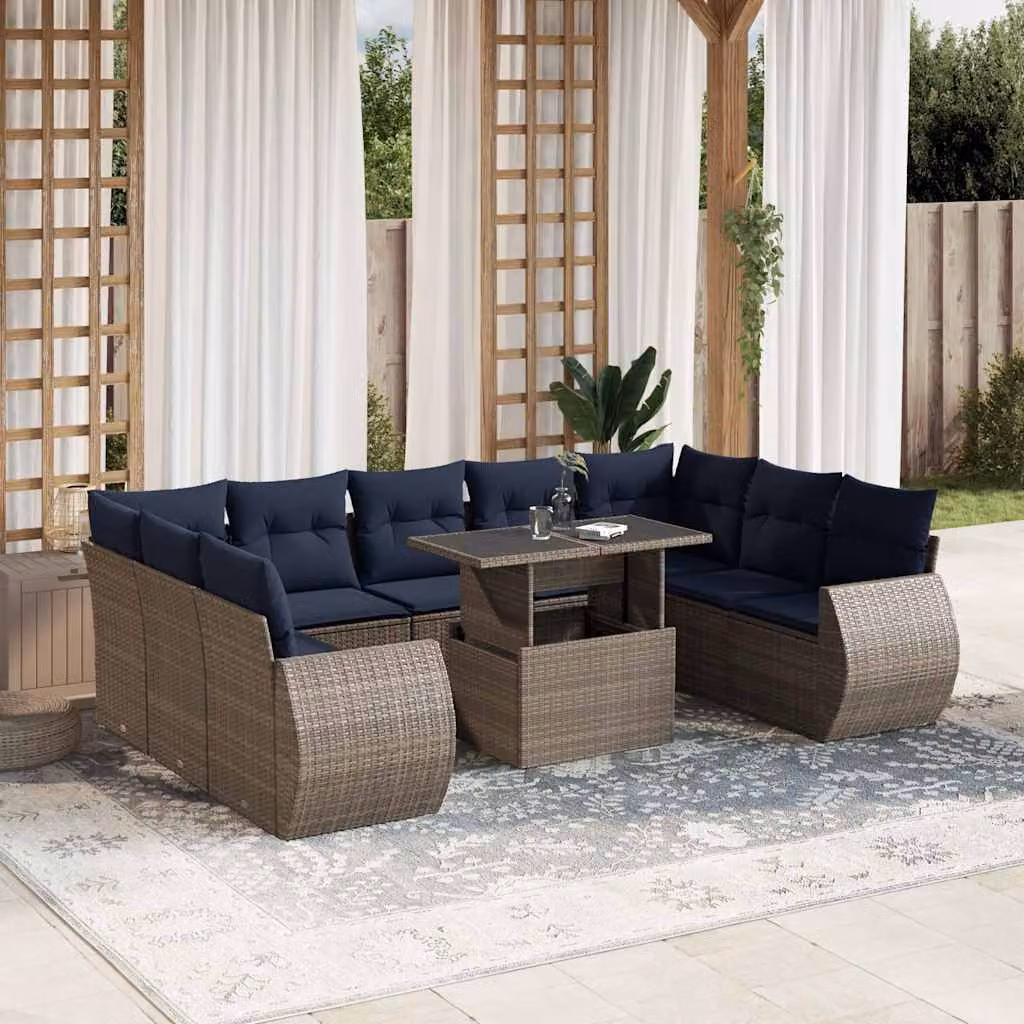 Set Divani da Giardino vidaXL 10 Pezzi a Forma di U con Cuscini e Tavolino, Polyrattan e Metallo, Grigio e Blu