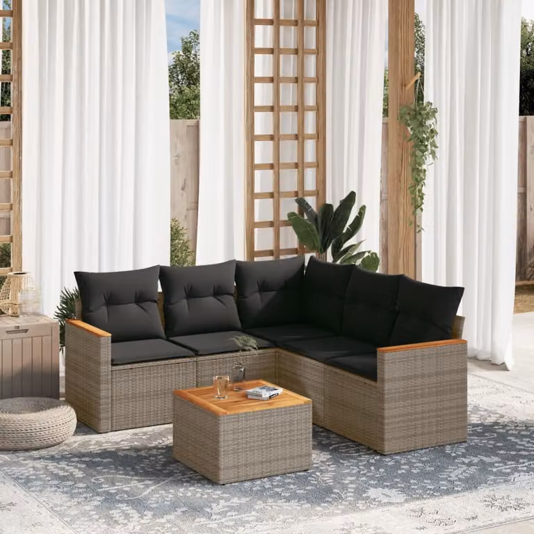 vidaXL Set Divano da Giardino a L in Polyrattan Grigio con Cuscini e Tavolino da Caffè