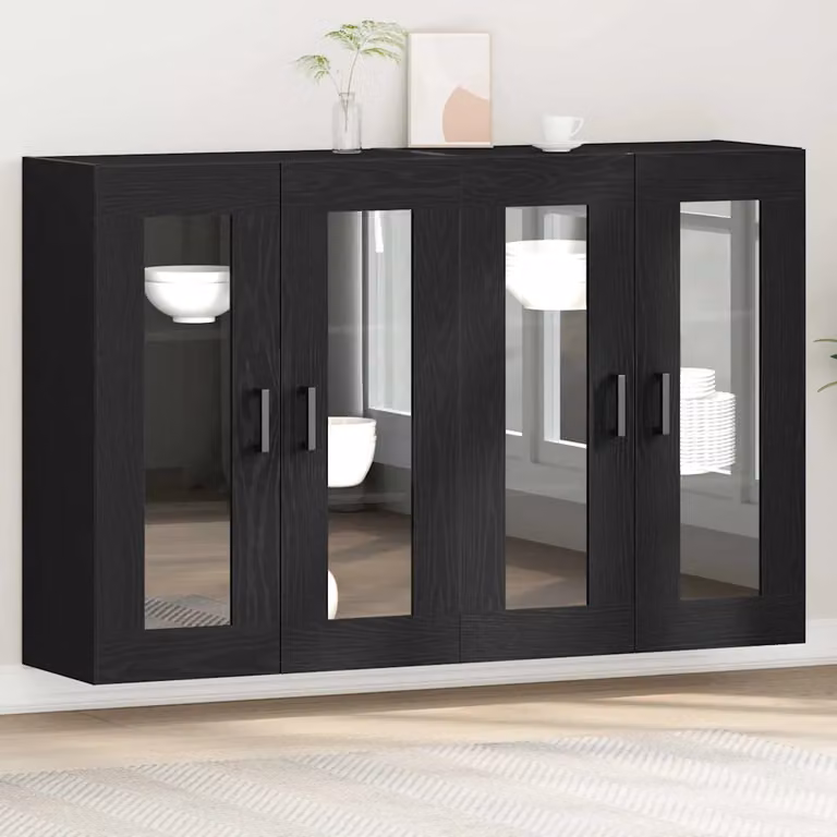 Set di 2 armadi da parete moderni vidaXL con ante in vetro e ripiani interni, colore nero opaco, L: 69,5 cm, P: 34 cm, H: 90 cm