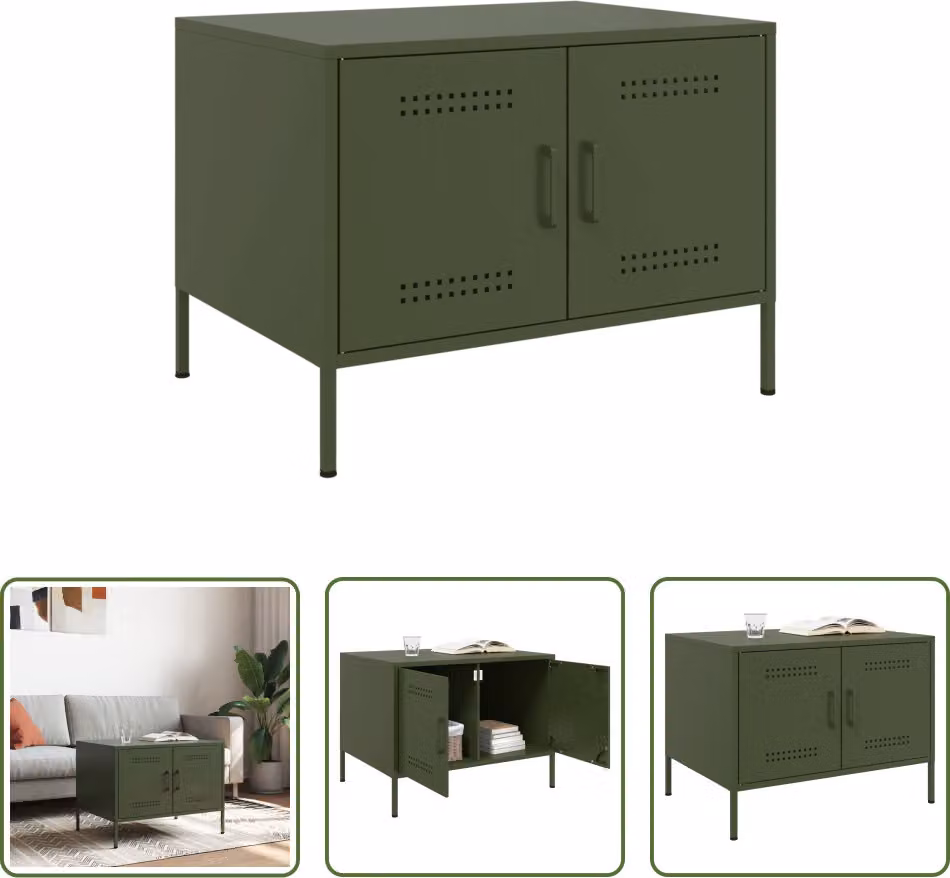 The Living Store Tavolino verde oliva 68x50x50,5 cm Acciaio laminato a freddo