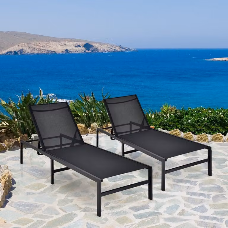 Set di 2 sedie a sdraio regolabili Costway in metallo e tessuto textilene nero per piscina, spiaggia e giardino