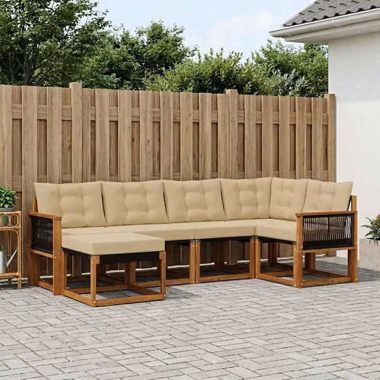 Set di divani da esterno vidaXL a forma di L composto da 6 pezzi in legno di acacia con cuscini beige e marrone