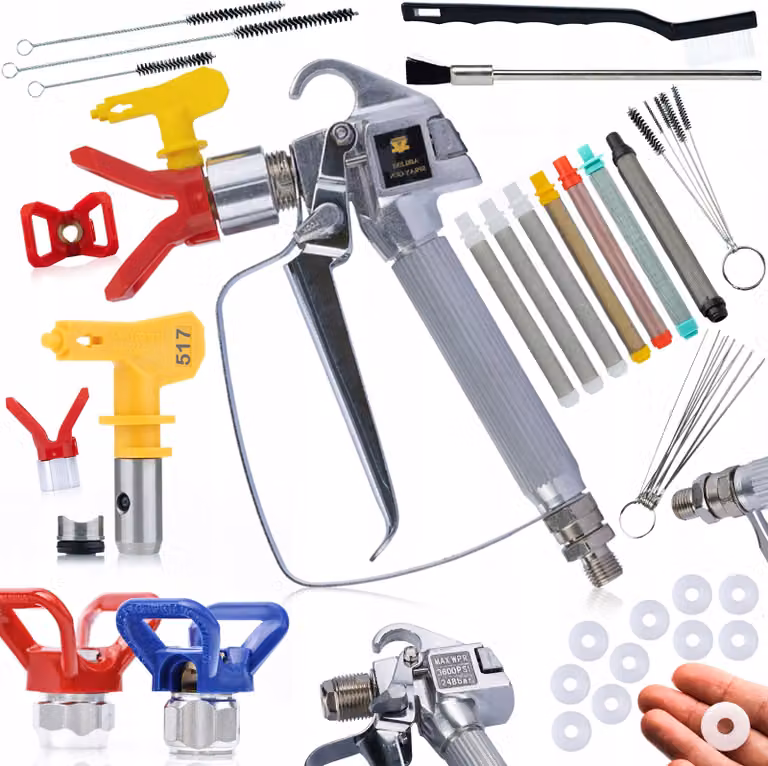 Rosfix Set Paint Spray Gun 517 – Pistola Ad Alta Pressione con Protezione Ugello in Acciaio Inox, 5 Filtri 30 – 200 Mesh, 10 Guarnizioni