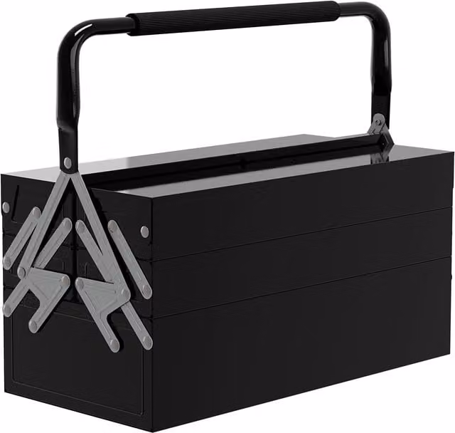 Cassetta degli attrezzi pieghevole in metallo DURHAND con 5 vassoi e manico, colore nero, L 45 cm x P 20 cm x H 34,5 cm – 1
