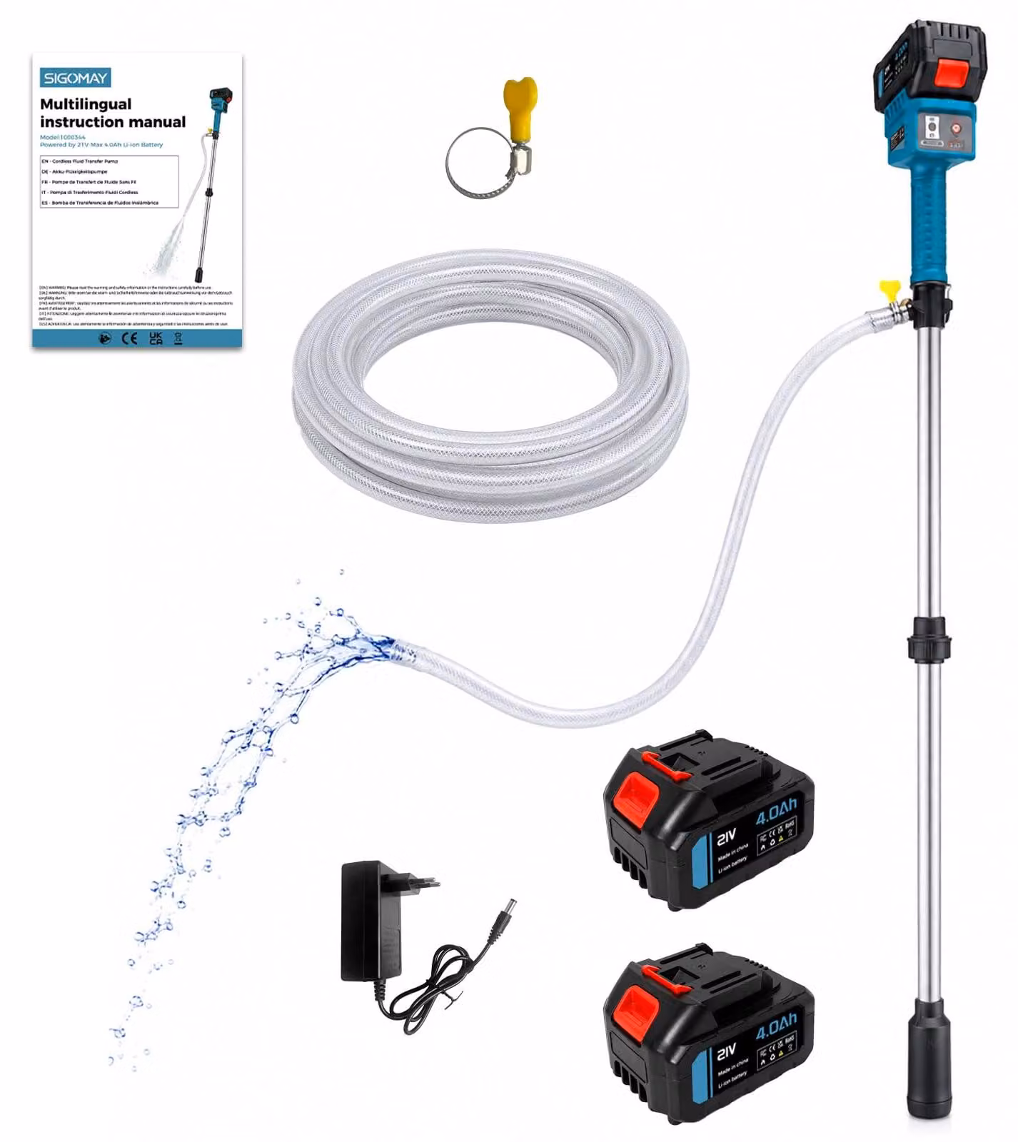 Pompa per liquidi a batteria, a 3 stadi, portata 2400 L/h, con 2 batterie da 4,0 Ah + caricabatterie