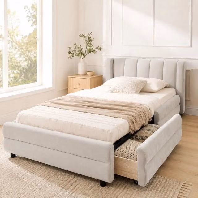 Letto singolo 90x200 cm con cassetti laterali, porta USB integrata e rivestimento in tessuto chenille beige, design ergonomico