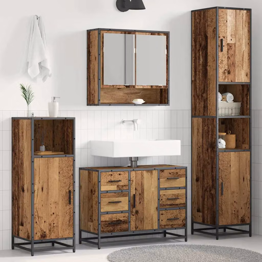 Set di mobili per il bagno moderno vidaXL in legno vecchio marrone composto da armadietto con specchio, mobile lavabo e colonna alta, L/P/H: 90 x 33 x 60 cm