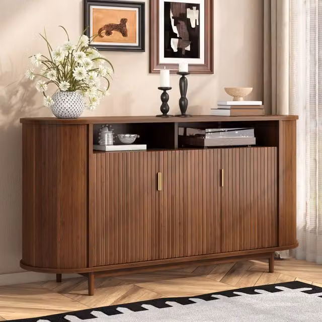 Credenza e madia con 3 ante e linee verticali per soggiorno, in MDF e truciolare, noce, 140 × 40 × 78 cm