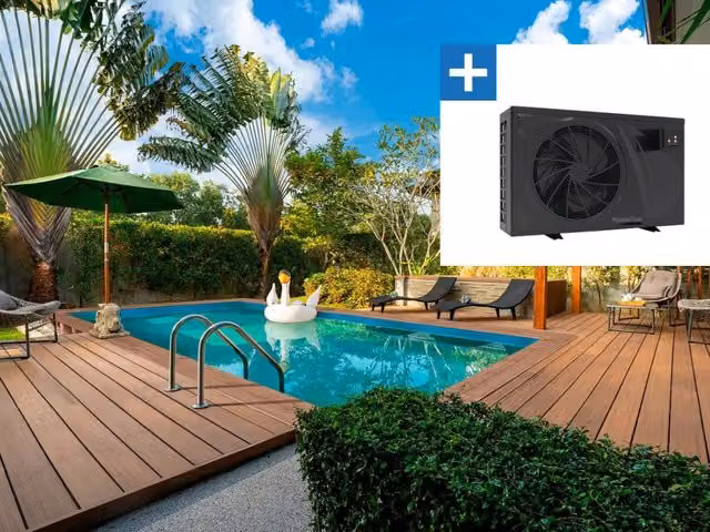 Piscina rettangolare in legno Panama Habitat et Jardin colore blu con pompa di calore, filtro e scala, L: 620 cm, P: 410 cm, H: 145 cm