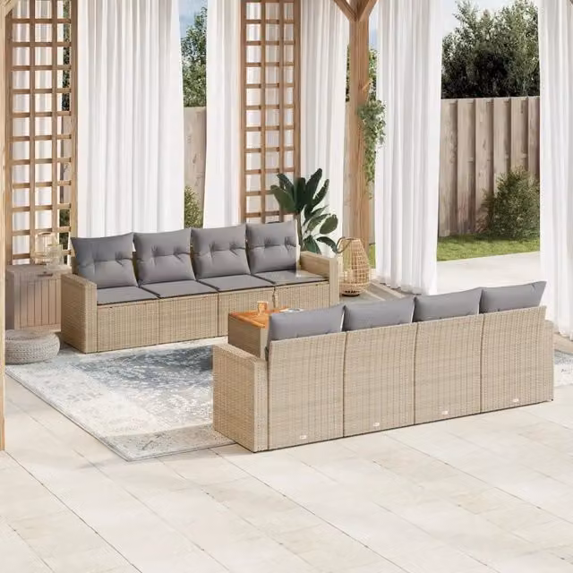 Set Divano da Giardino 9 pz con Cuscini Beige in Polyrattan 3224043