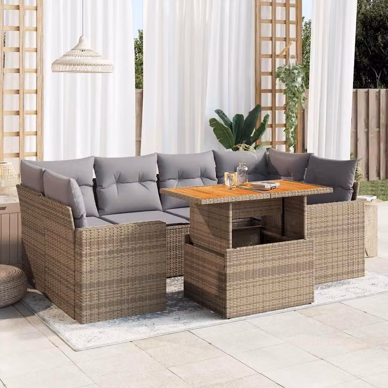 Set di divani da giardino vidaXL in polyrattan beige con cuscini e tavolino da esterno a forma di L