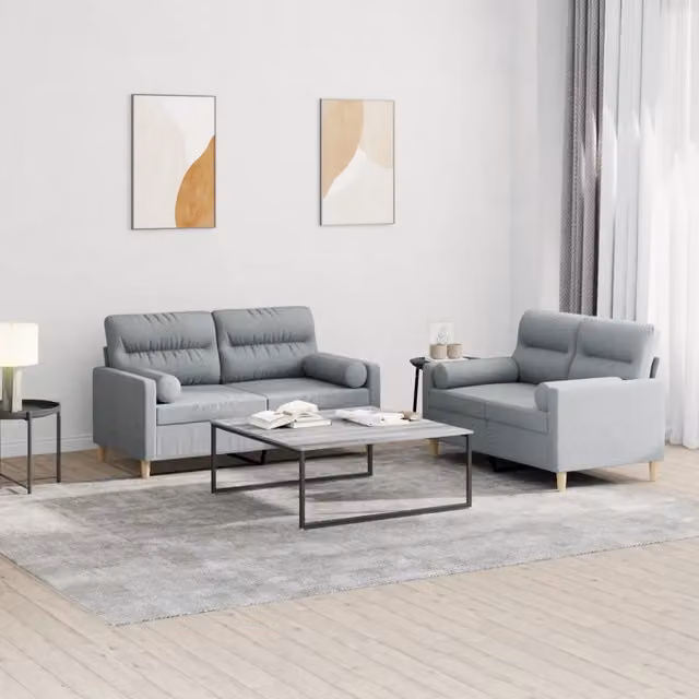 Set di 2 Divani Moderni vidaXL in Tessuto Grigio con Cuscini e Struttura Imbottita