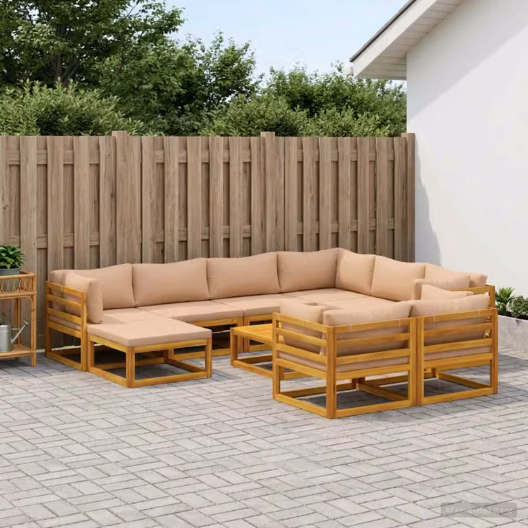 Set di divani da giardino vidaXL in legno di acacia massello con cuscini beige e tavolo da esterno, composizione a L con pouf e tavolino, colore marrone e beige