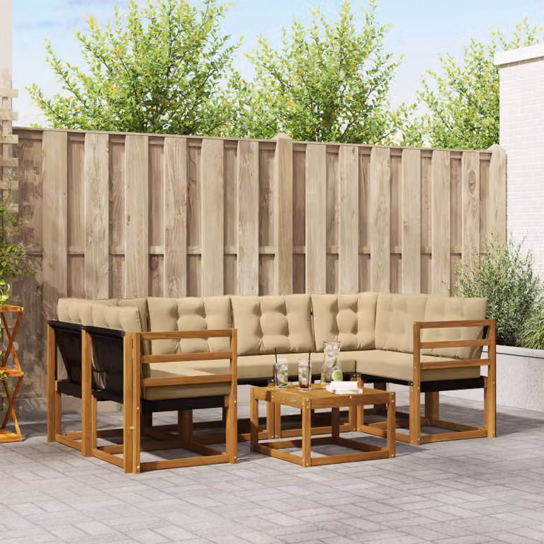 vidaXL Set di divani da esterno a L composto da 7 pezzi in legno di acacia e textilene, colore marrone e beige