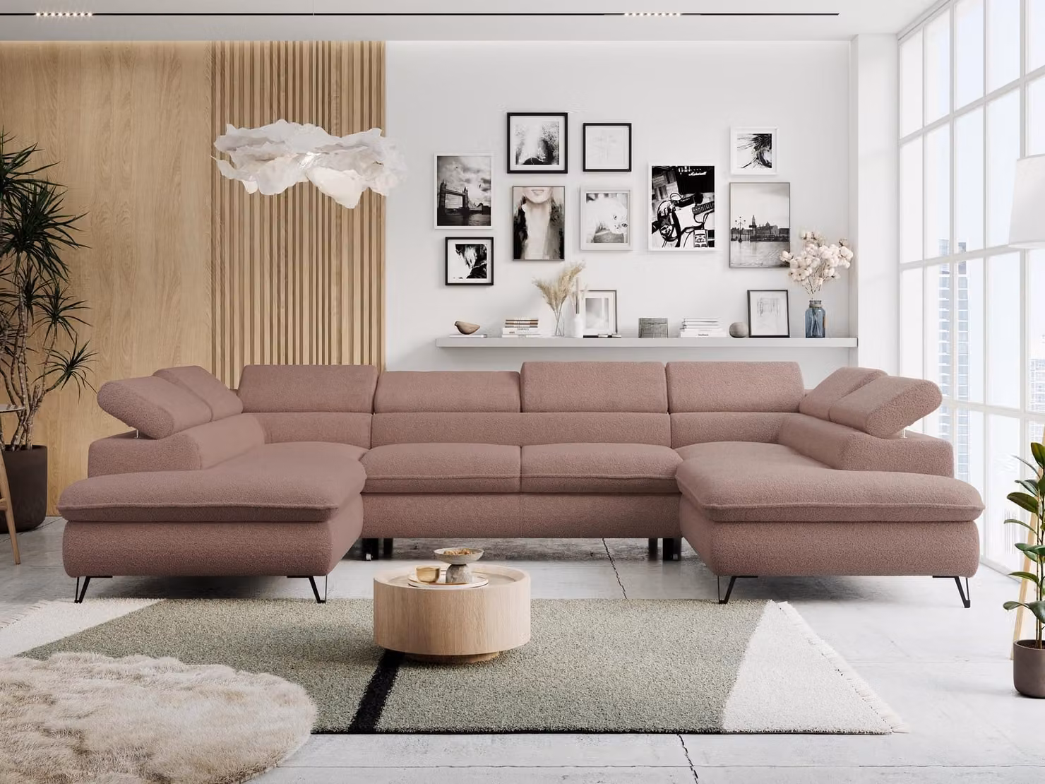 Divano ad angolo con funzione letto, contenitore, a forma di U, poggiatesta regolabili, divano da salotto - PETER U - Bouclé - Rosa