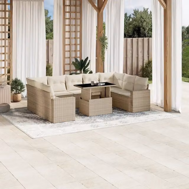 Set Divano da Giardino vidaXL 10 Pezzi in Polyrattan con Cuscini Beige e Tavolino, Design Moderno per Terrazza e Giardino – 1