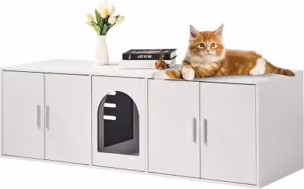 Copertura per lettiera VEVOR per 2 gatti, mobiletto in legno con doppia camera per soggiorno, Bianco, L 147 cm x P 46 cm x H 45 cm