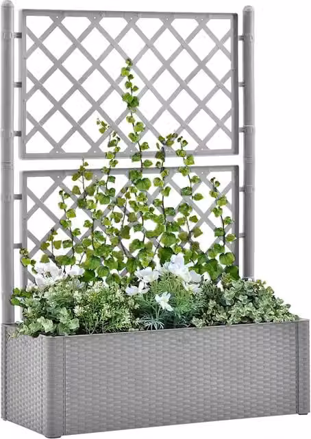 Letto rialzato da giardino con graticcio e irrigazione vidaXL, grigio, L/P/H: 142 x 90 x 43 cm