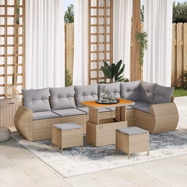 Set Divano da Giardino vidaXL 9 Pezzi in Polyrattan Beige con Cuscini e Tavolino