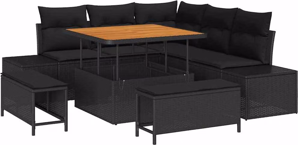 Set Divano da Giardino con cuscino 8 pcs Nero Poly Rattan