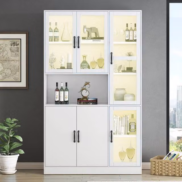 Vetrina con LED e 4 ripiani regolabili in MDF bianca con 9 vani per soggiorno 120 × 40 × 200 cm