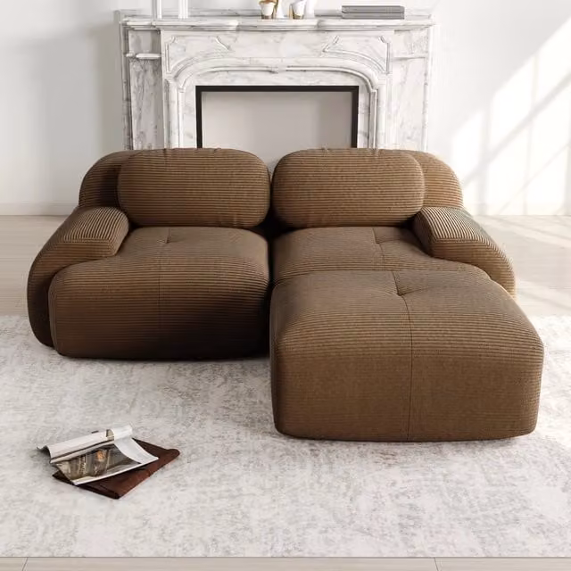 Divano Angolare Modulare ¨C MINIMAL ¨C Tessuto Cordoncino, Braccioli Curvi, Marrone