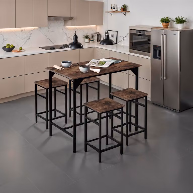 Set tavolo da bar e 5 sedie TecTake in stile industriale marrone con piano rettangolare in legno e struttura in metallo