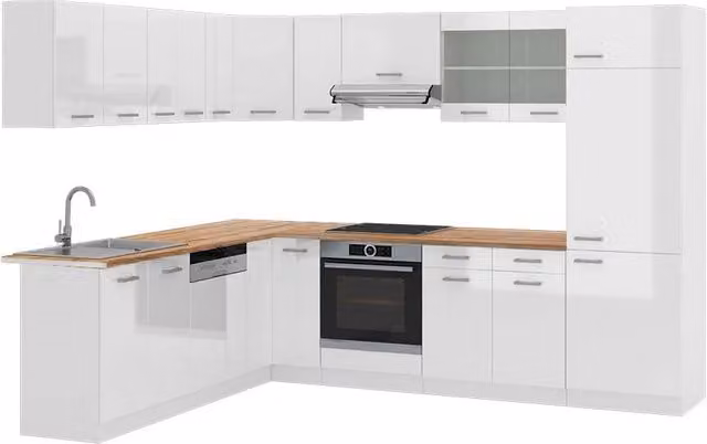 Cucina angolare moderna Vicco R-Line Bianco lucido e Rovere, L/P: 287 x 227 cm