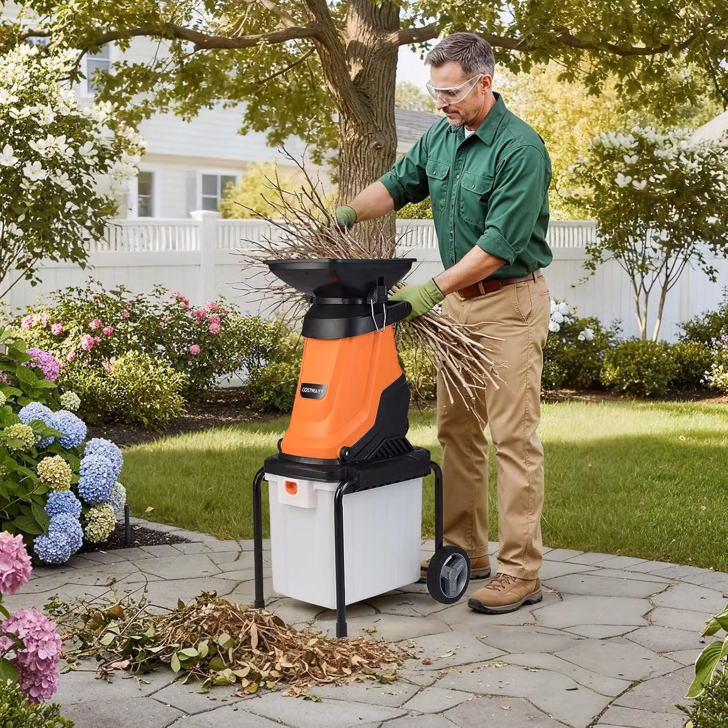 Trituratore per giardino, modello elettrico con ruote e contenitore di raccolta da 50 litri, spessore di taglio di 45 mm, trituratore elettrico da giardino con cavo, ideale per la pulizia del giardino