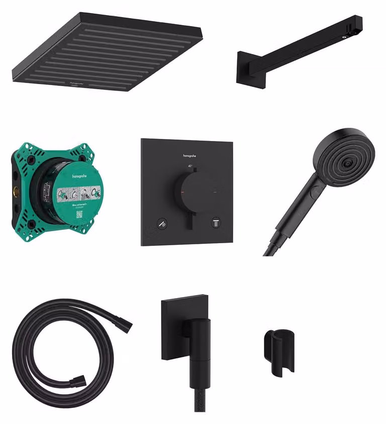 Set doccia da incasso Pulsify E, con termostato, finitura nera opaca, dimensioni 260x260 mm