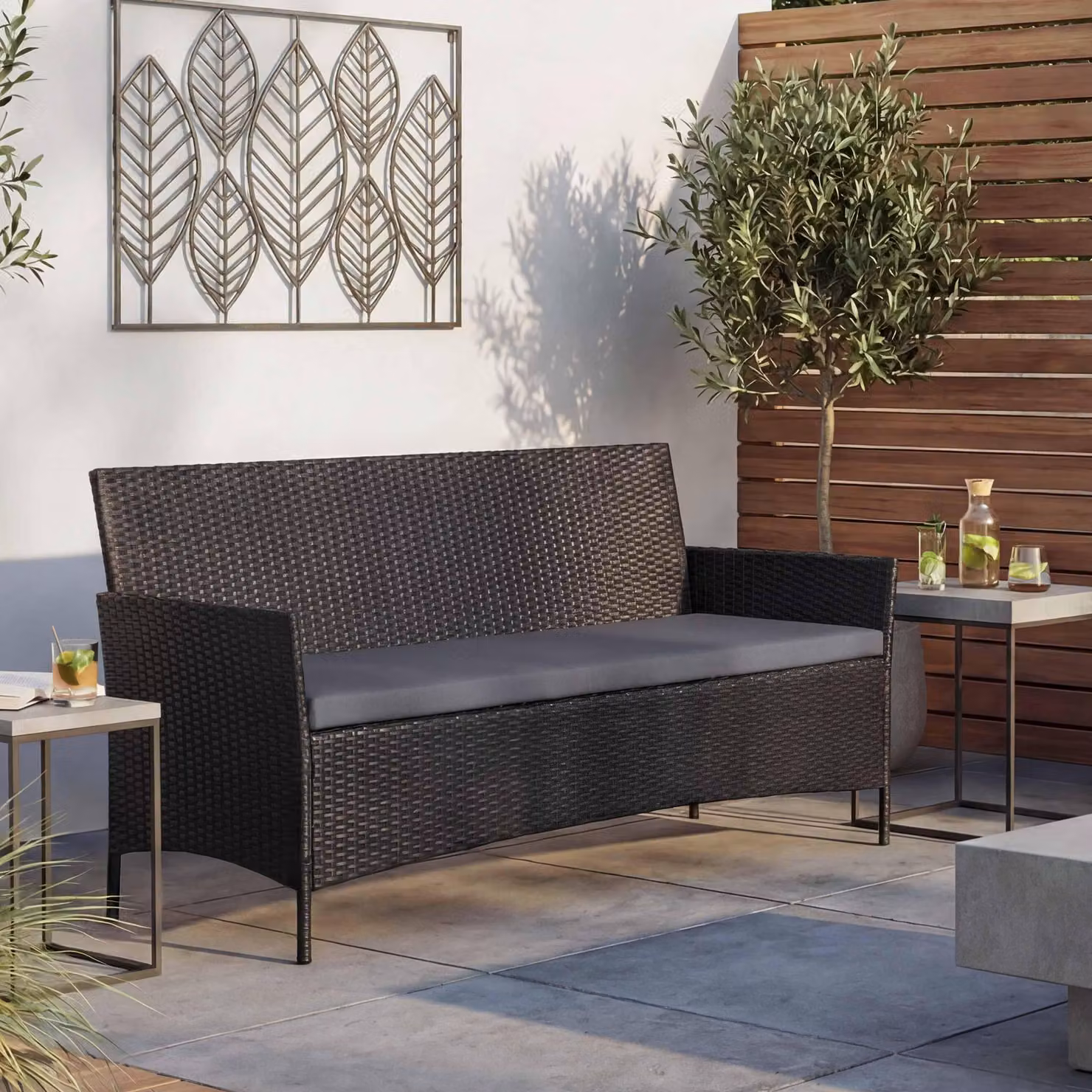 panchina da giardino a 3 posti in poly-rattan Halden, panca ~ antracite, cuscini antracite