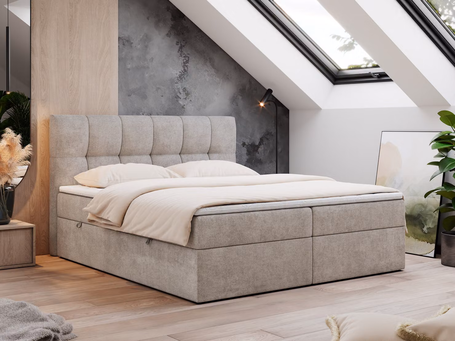 Letto boxspring 140x200 con contenitore, letto con materasso a tasche - topper H4, letto imbottito 140x200 con contenitore e testiera, letto boxspring con materasso H4 - RICO - 140x200 - Beige - Struttura - H4