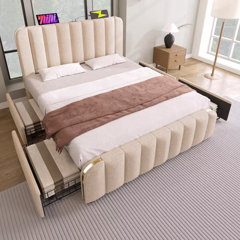 Letto imbottito 160x200 cm, color beige, con 4 cassetti, funzione di ricarica USB e di tipo C, rivestito in lino, con testiera imbottita e decorazioni dorate
