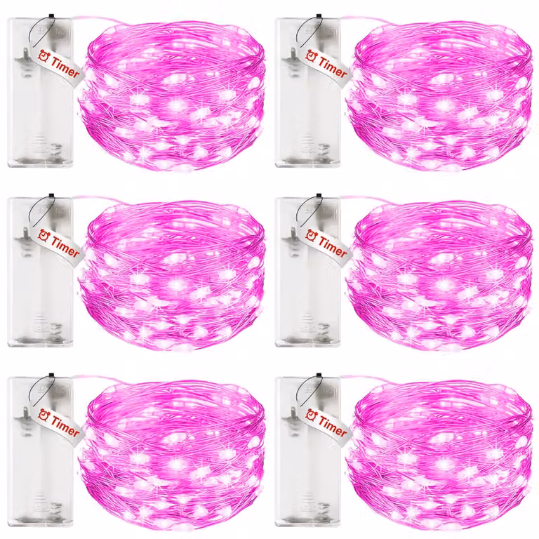Catena luminosa da 3 metri, con 30 LED, alimentata a batteria, con timer, color rosa, confezione da 6 pezzi