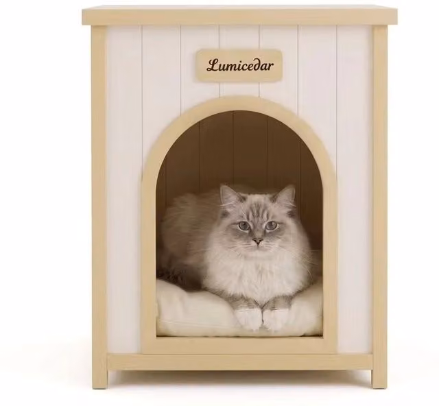 Cuccia per cani con cuscino removibile per interni in legno; finitura bianco crema 64.6×57.8×20.1 cm