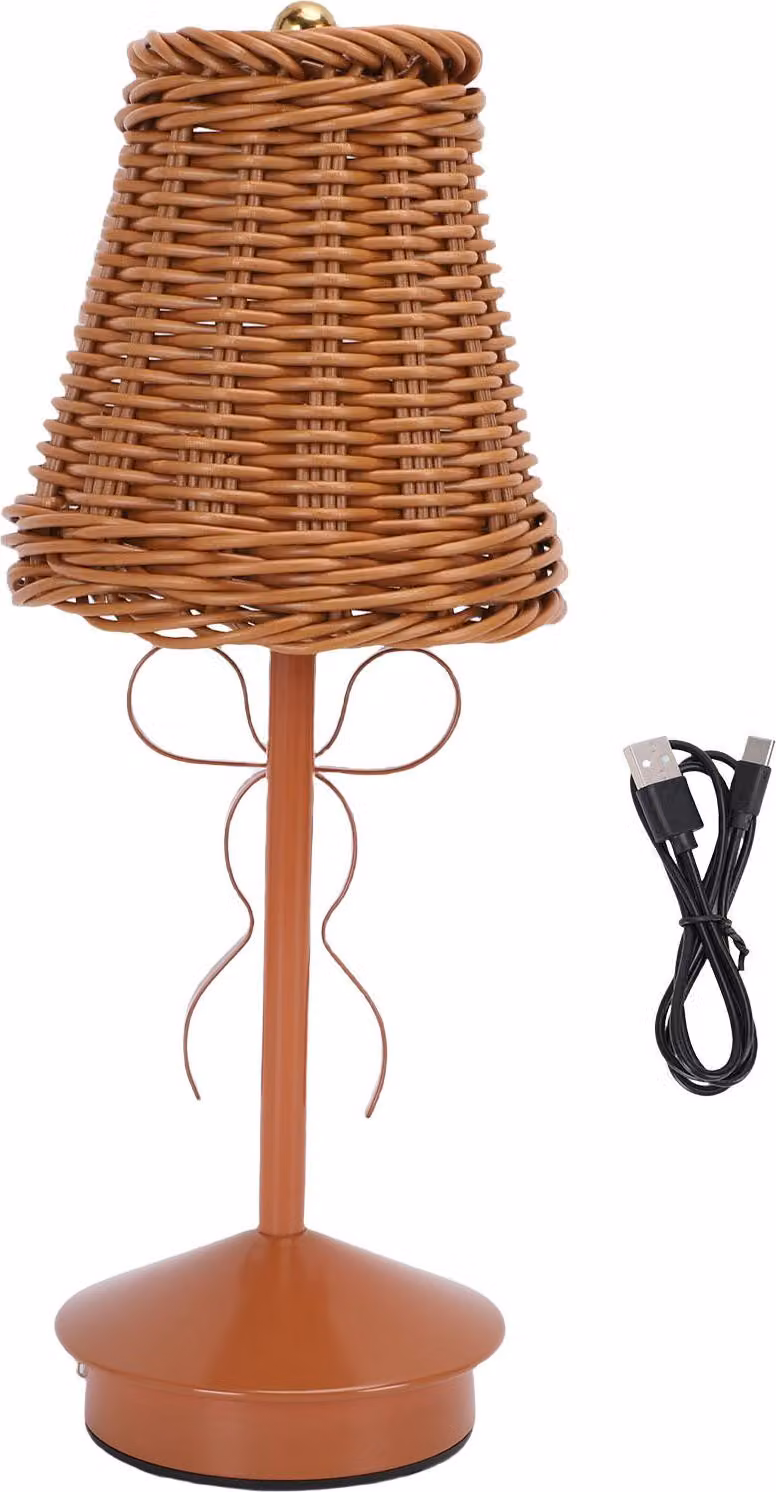 Lampada da tavolo, regolazione dell'intensità luminosa tramite tocco, 3 temperature di colore, senza fili, ricaricabile, lampada da comodino vintage in rattan PC con fiocco per camera da letto, sala da pranzo,
