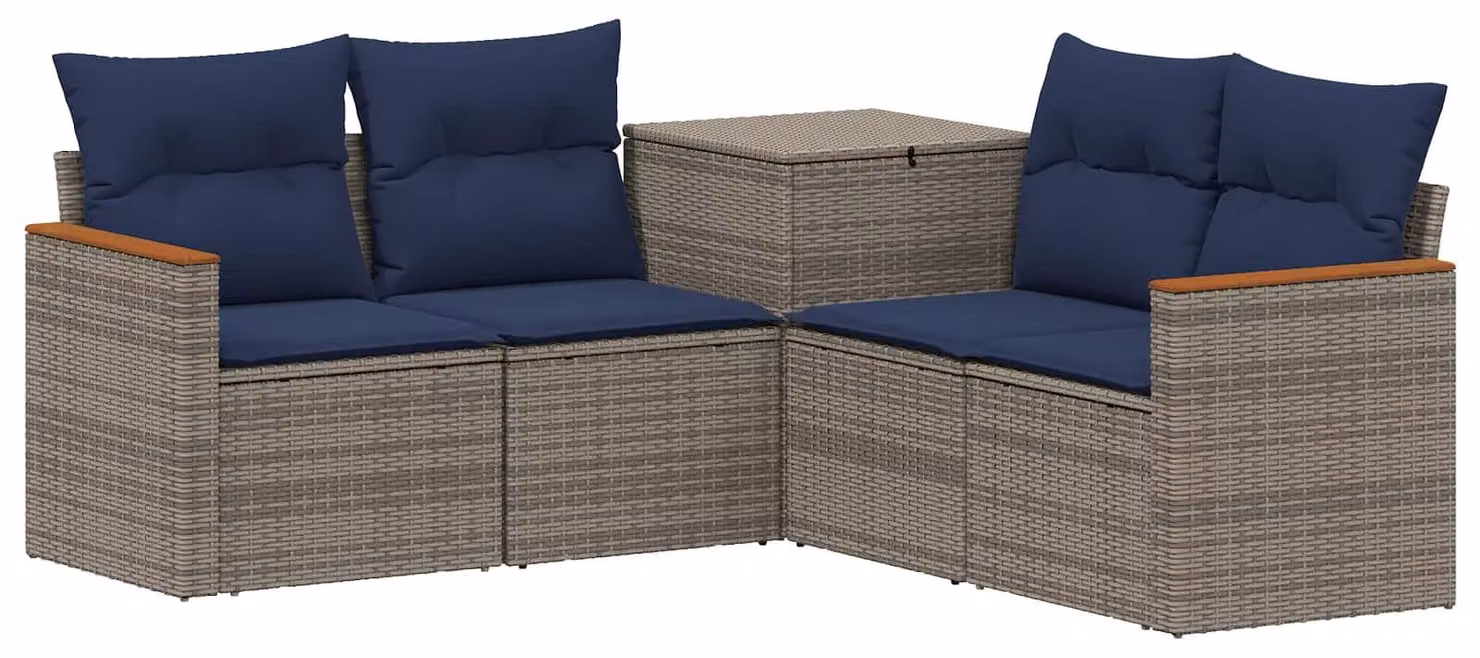 Set di divani da esterno, 5 pezzi. Colore: grigio e blu navy. Materiali: rattan sintetico e acciaio
