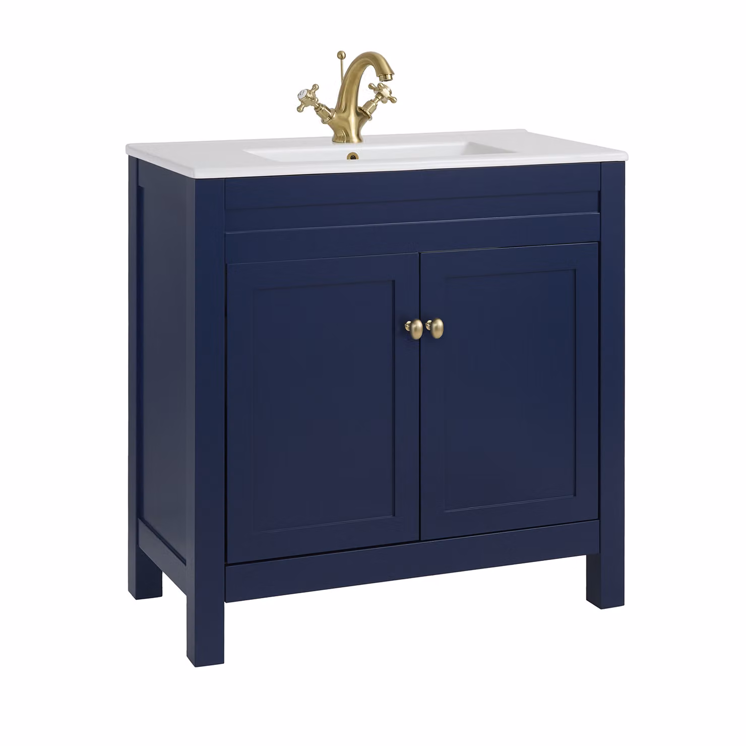 Mobile Bagno Blu Marino da 810mm con Lavabo e Maniglia Classica Rotonda in Oro Satinato - Warwick