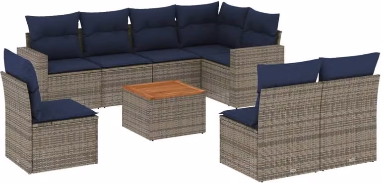 Set Divani da Giardino 9 pz con Cuscini Grigio in Polyrattan