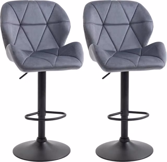 Set di 2 Sgabelli da Bar EasyComfort con Seduta in Velluto Grigio, Altezza Regolabile, Girevoli con Schienale e Poggiapiedi, L/P/H: 51.5 x 57.5 x 93-114.5 cm