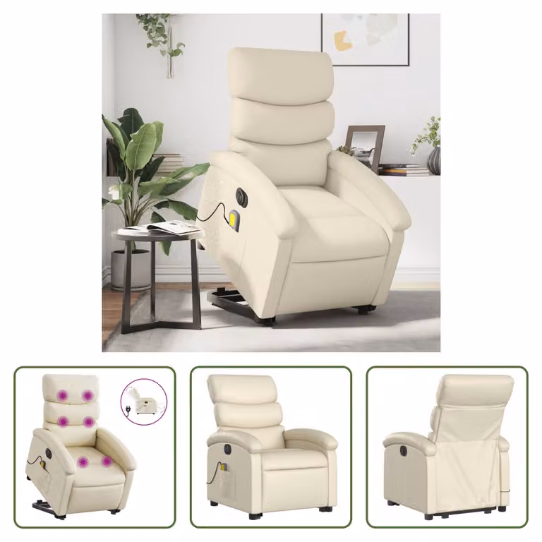 The Living Store Poltrona massaggiante con ausilio elettrico in ecopelle crema