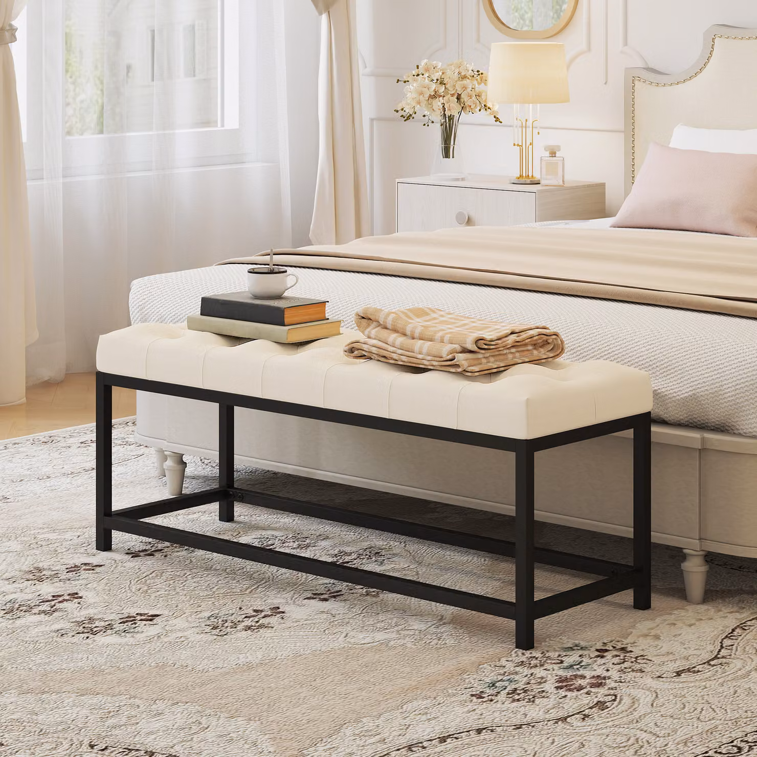 Panca da letto imbottita HOMCOM in velluto con design capitonné e base in metallo per camera da letto, ingresso o soggiorno, color crema – 2