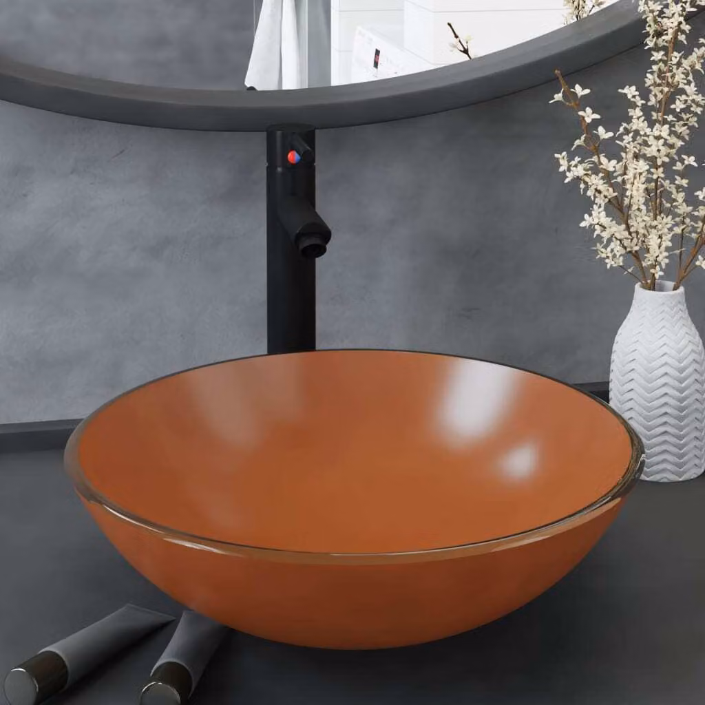 The Living Store Lavandino da bagno con rubinetto e scarico a scomparsa Vetro temperato marrone