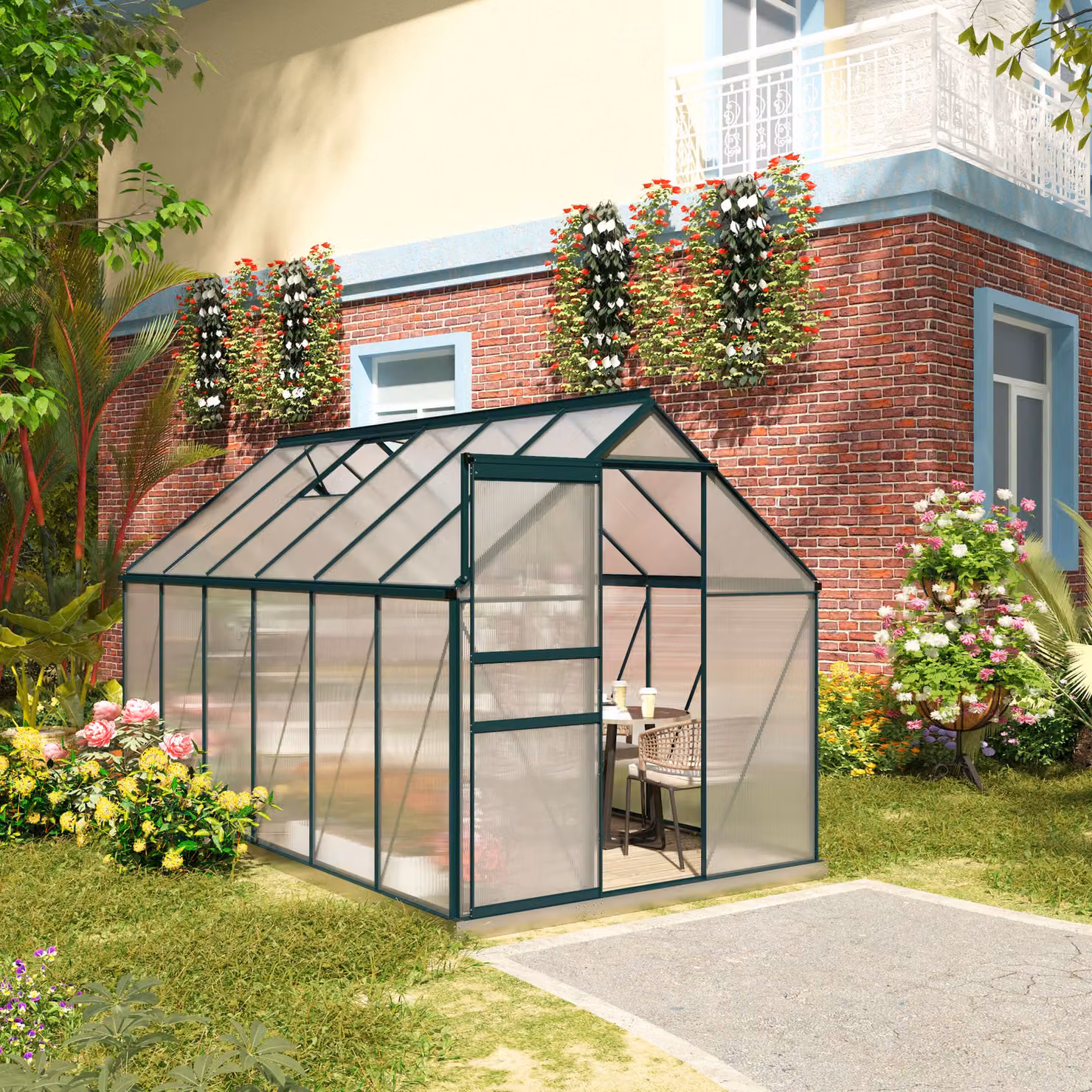 Serra da giardino Outsunny con finestra apribile e porta scorrevole in policarbonato e alluminio, Verde, L: 375 cm, P: 190 cm, H: 199 cm – 2