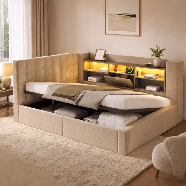 Letto matrimoniale imbottito 140 × 200 cm con LED prese USB vano contenitore in lino beige struttura in metallo