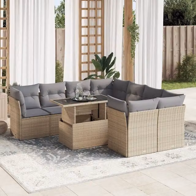Set Divano da Giardino a Forma di U vidaXL con Cuscini Beige e Tavolino in Vetro, 9 Pezzi – 1