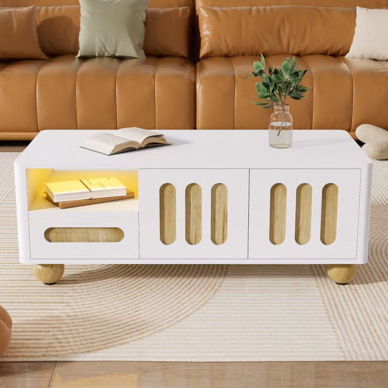 Tavolino AIORBER, con angoli arrotondati, gambe sferiche, con luce LED, con 4 ante, 2 cassetti, per soggiorno, camera da letto, 105x50x40cm, bianco
