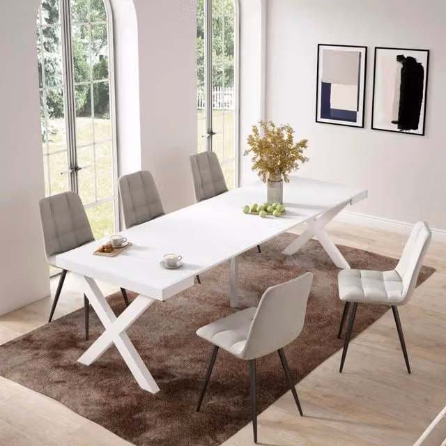 Consolle allungabile, 58 fino 262x90x73cm, Per 12 persone, Gambe in legno, Bianco RF2816